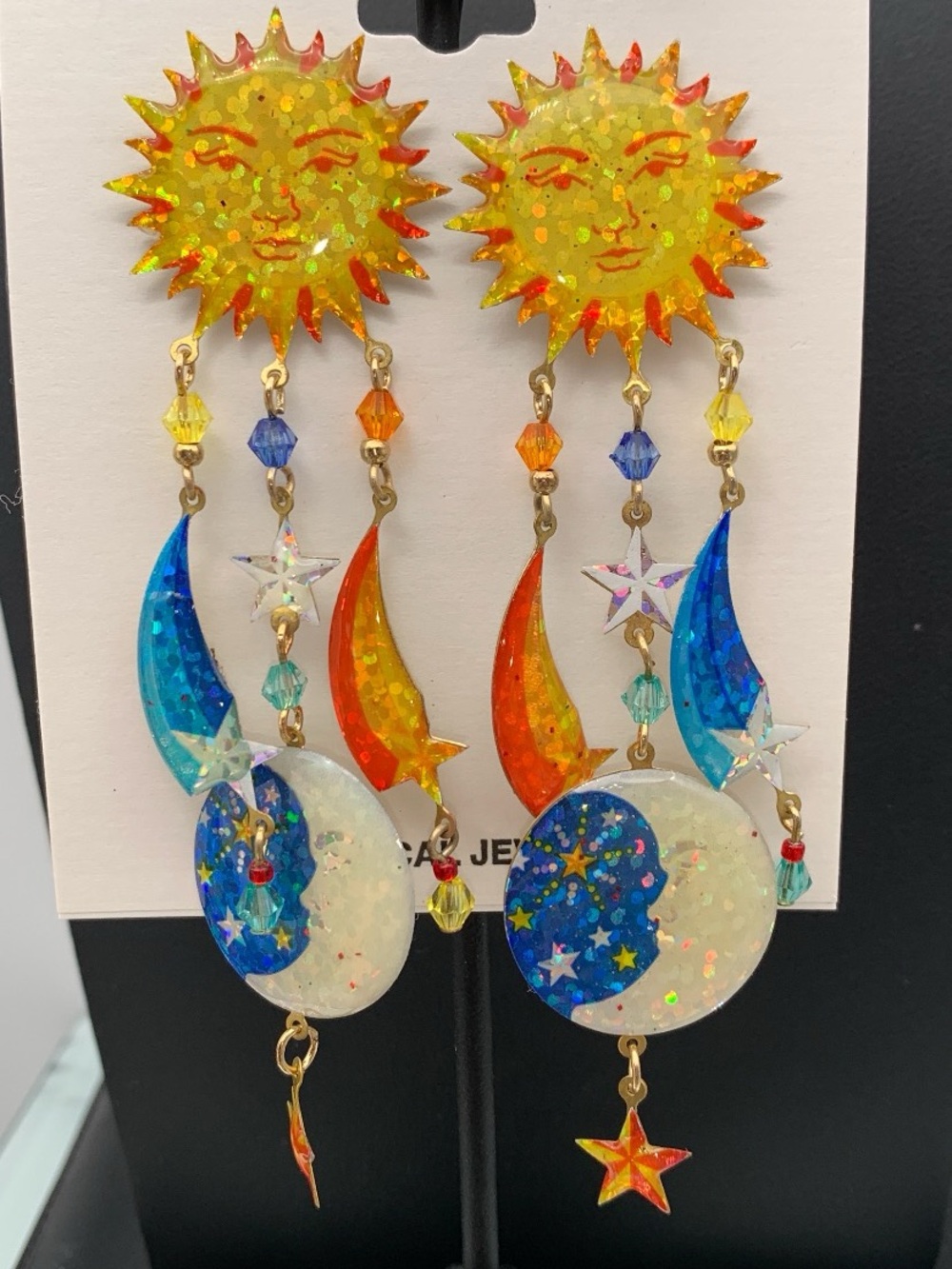 Vintage NOS Celestial Sun & Moon Dangle pierced Earrings - Yellow, Blue, Orange